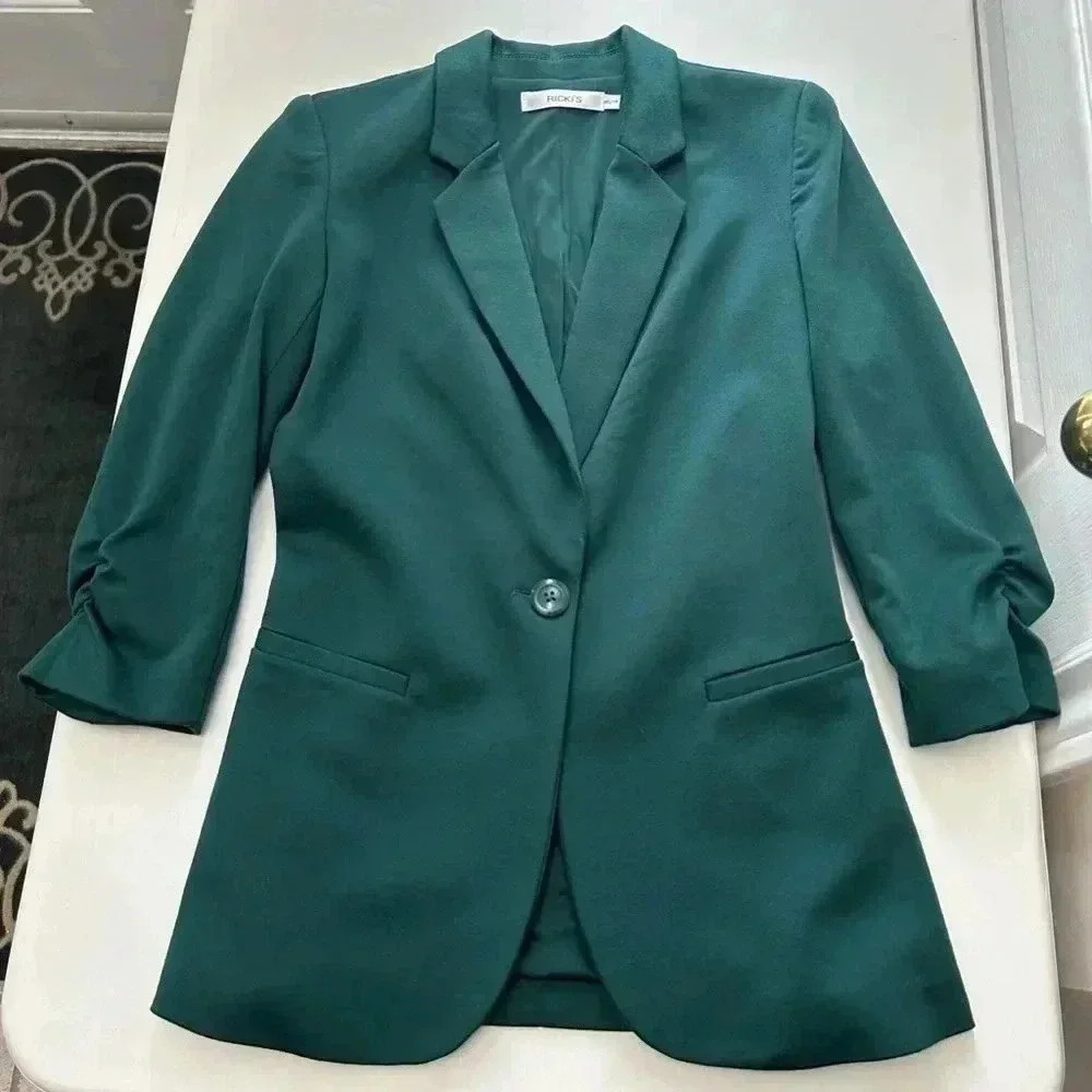 Ricki’s  Blazer Ponte Knit 3/4 Ruched Sleeves Single Breasted Forest Green XS - Picture 10 of 12